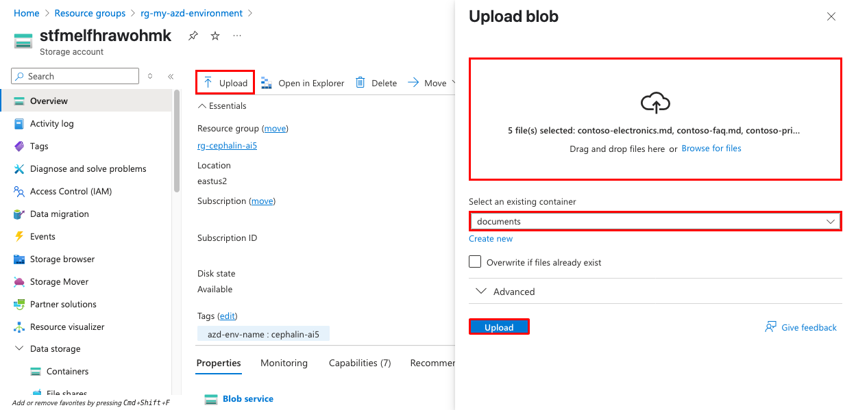 显示如何将文档上传到存储容器的屏幕截图。