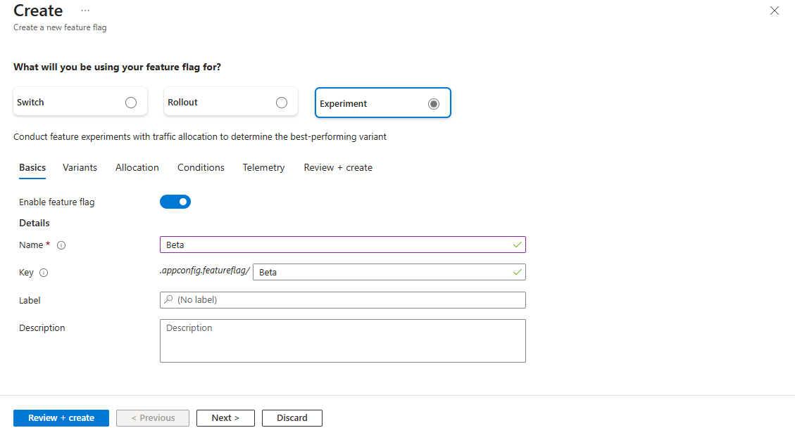 Azure 门户的屏幕截图，其中显示了“创建功能标志功能 - 试验”选项。