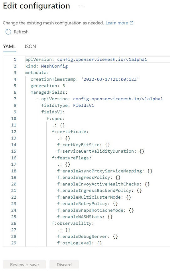 Azure 门户中“打开服务网格的编辑配置”选项的屏幕截图。