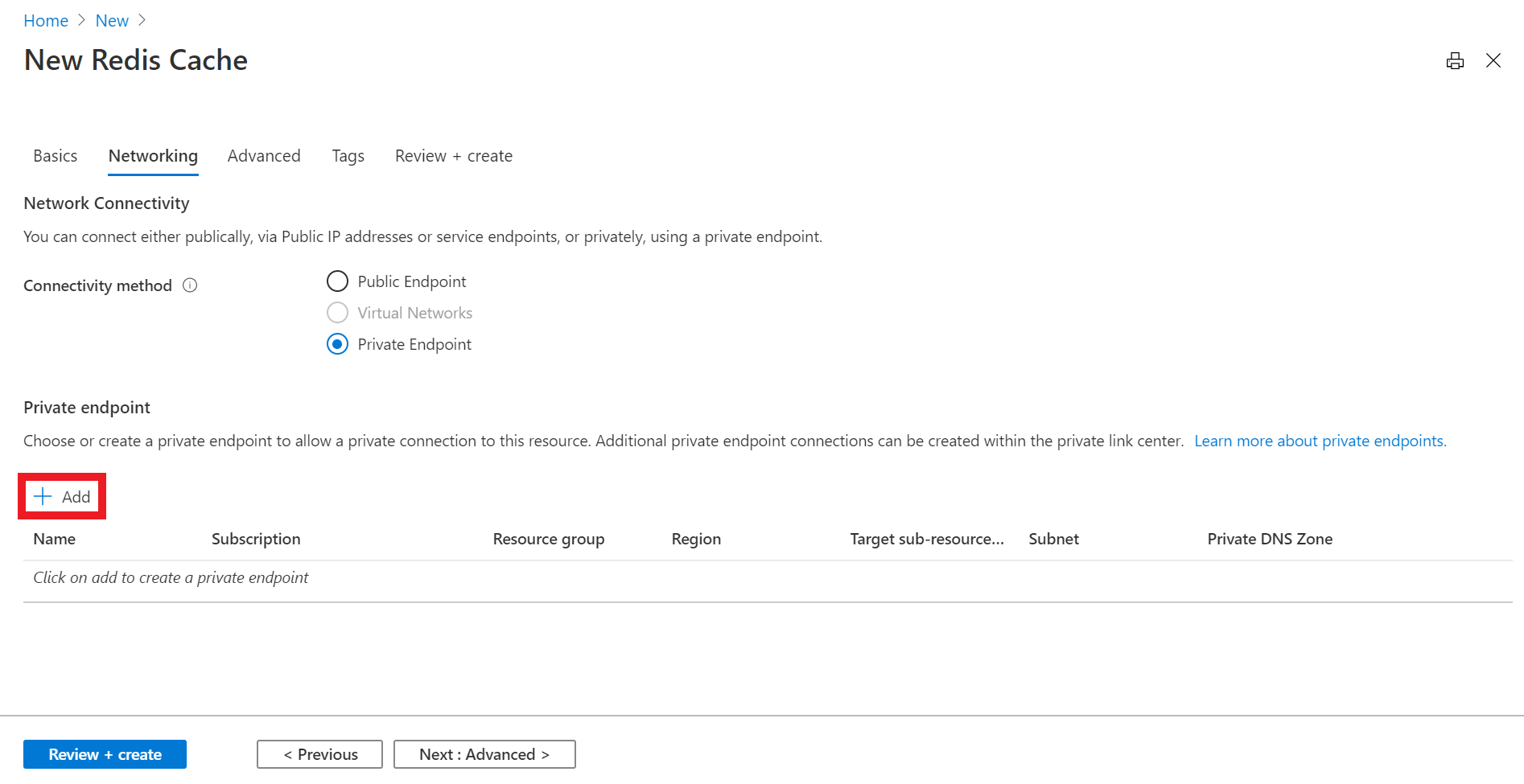 在网络中，添加专用终结点。