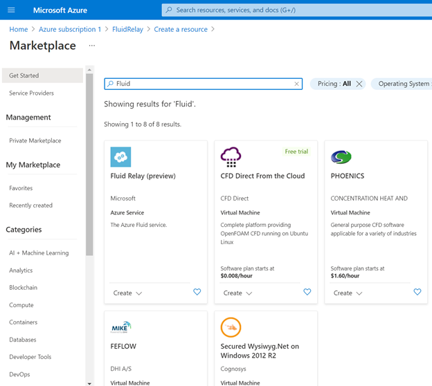 “创建资源”页的屏幕截图，其中包含“Fluid”一词的搜索结果。