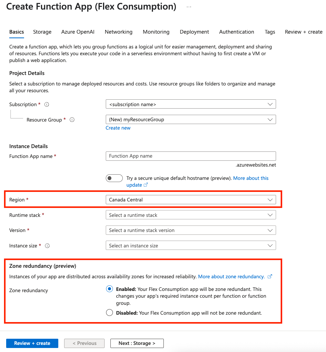 Flex 消耗函数应用创建页的“基本信息”选项卡的屏幕截图。