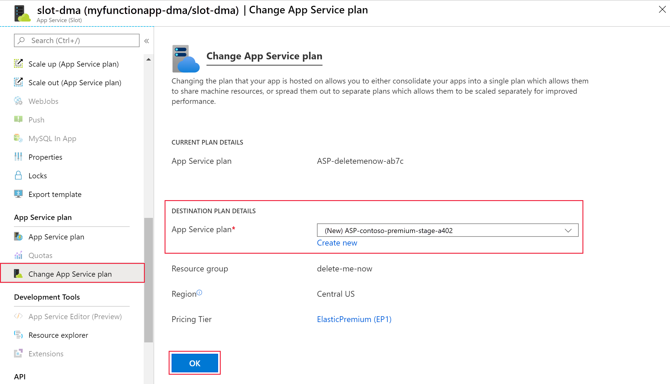 屏幕截图显示了在 Azure 门户中更改应用服务计划的位置。