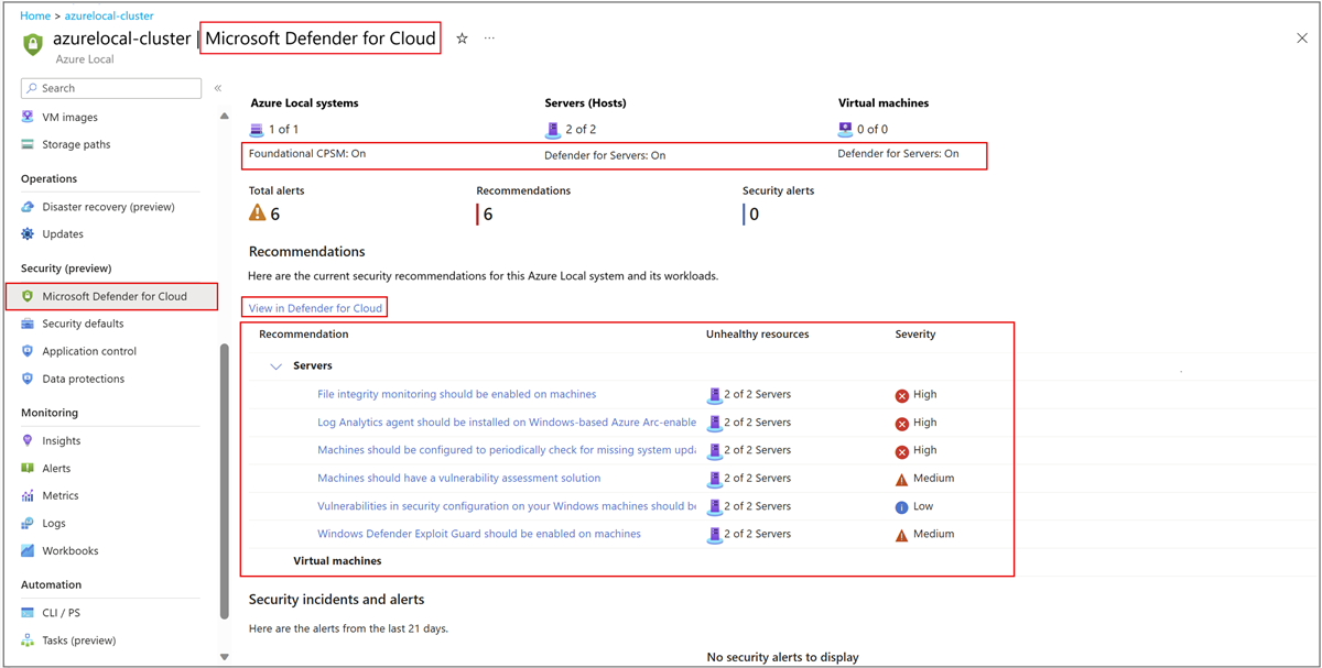 Microsoft Defender for Cloud 页面的屏幕截图,其中显示了 Azure 本地的安全建议。