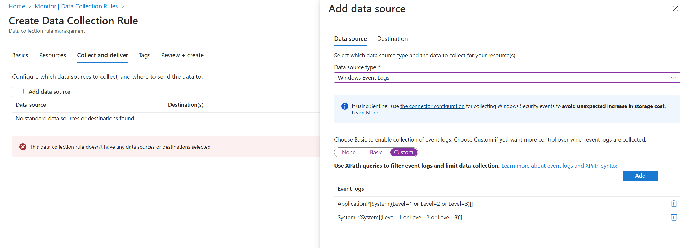 显示数据收集规则中 Windows 事件数据源的自定义配置的屏幕截图。