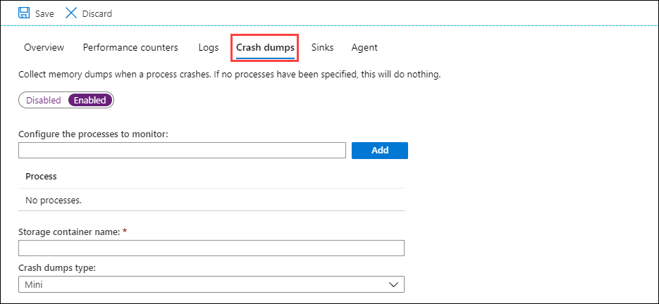 显示“故障转储”选项卡的屏幕截图。