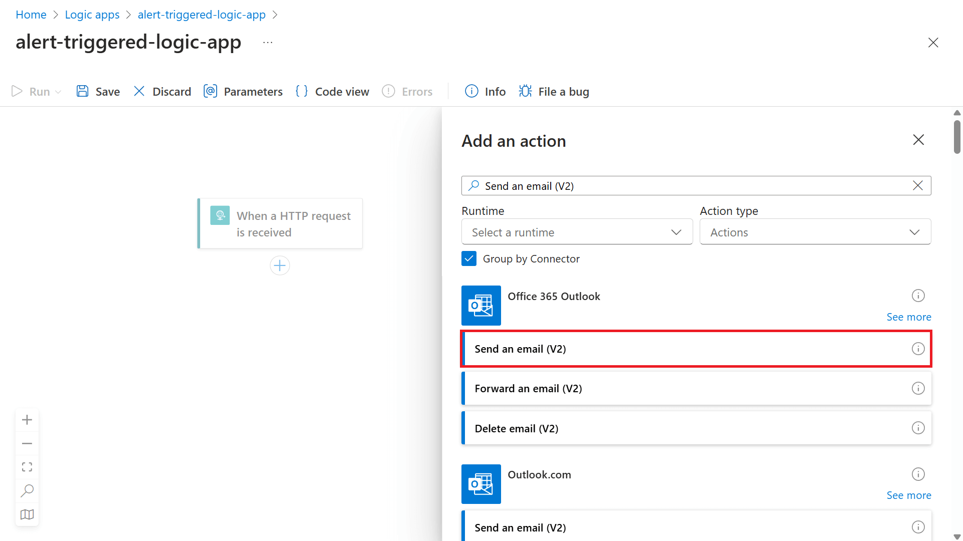 “添加操作”菜单的屏幕截图,其中“发送电子邮件(V2)”被突出显示。