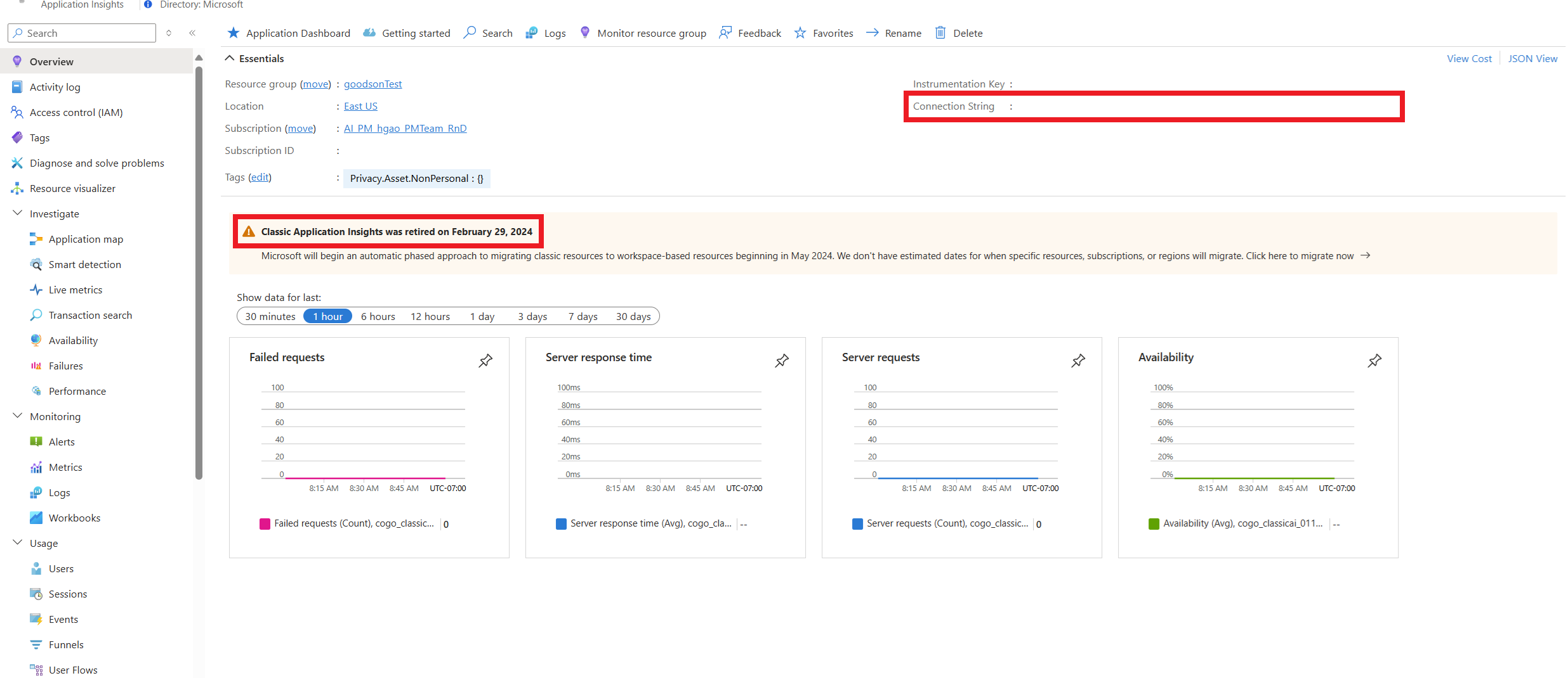 经典 Application Insights 门户概述页的屏幕截图。