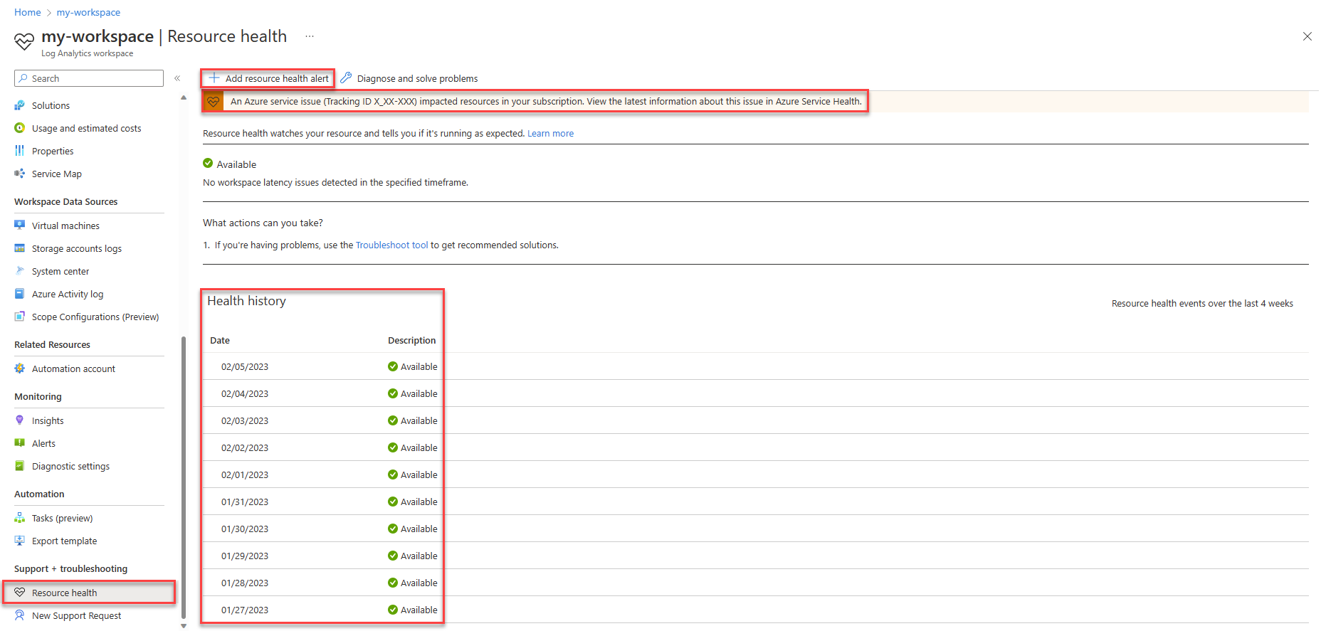显示 Log Analytics 工作区“资源运行状况”屏幕的屏幕截图。