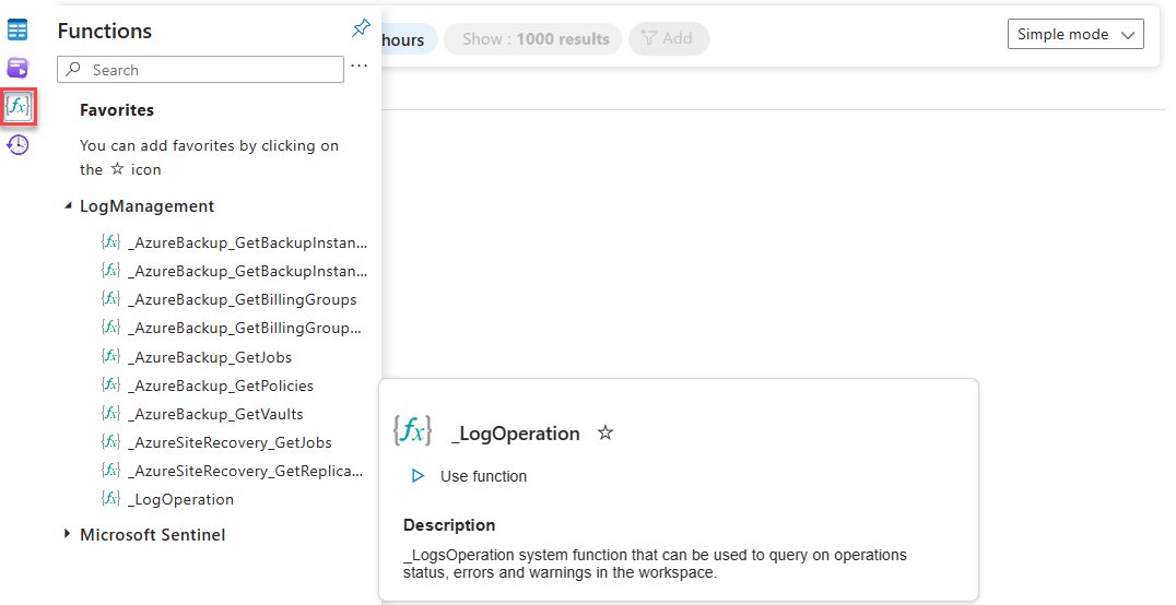 屏幕截图显示 Log Analytics 中的“函数”选项卡。