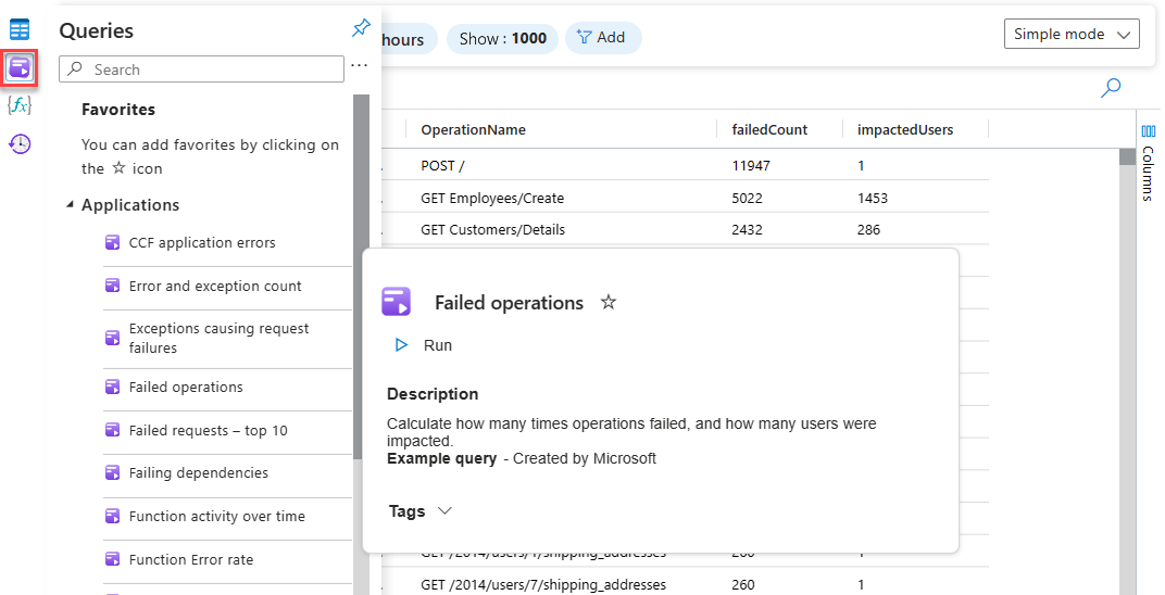 屏幕截图显示 Log Analytics 中的示例查询。