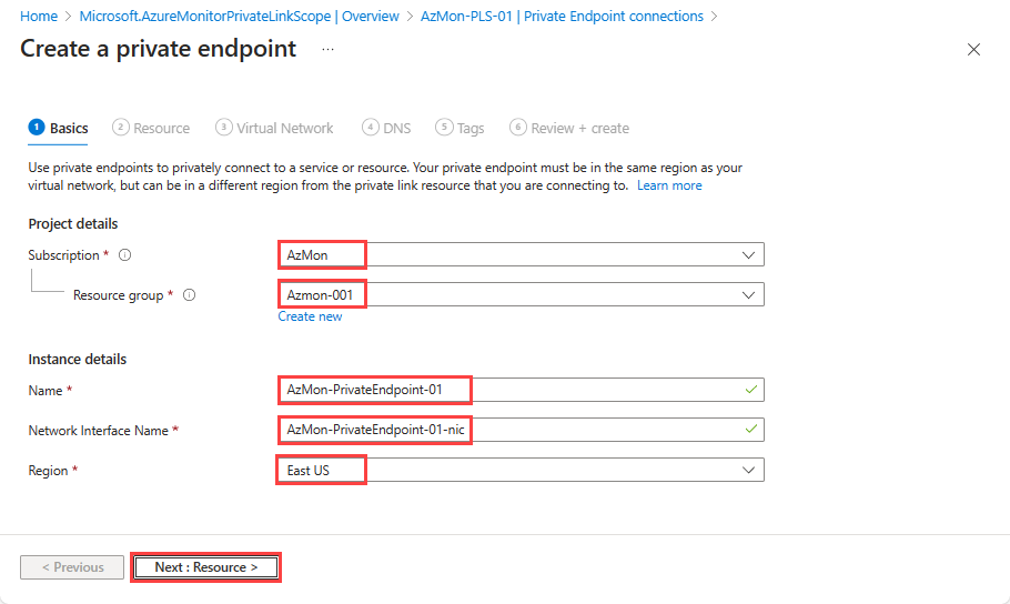“创建专用终结点基础”选项卡的屏幕截图。