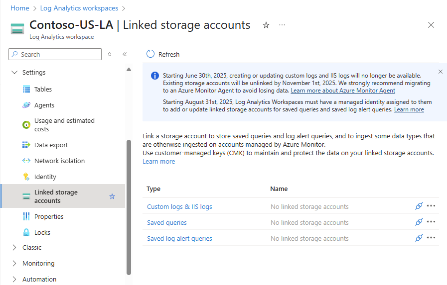 显示“链接的存储帐户”窗格的屏幕截图。