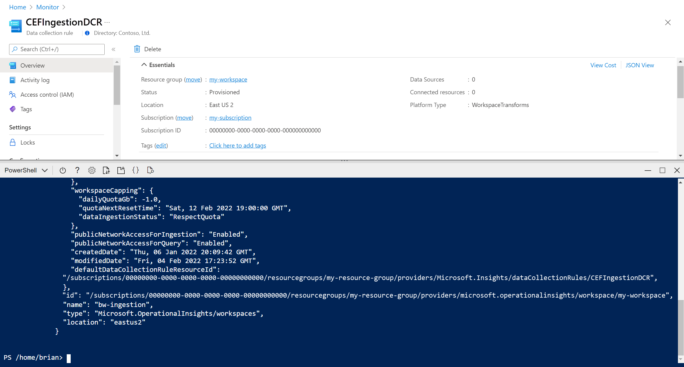 将工作区链接到 DCR 的脚本的屏幕截图。