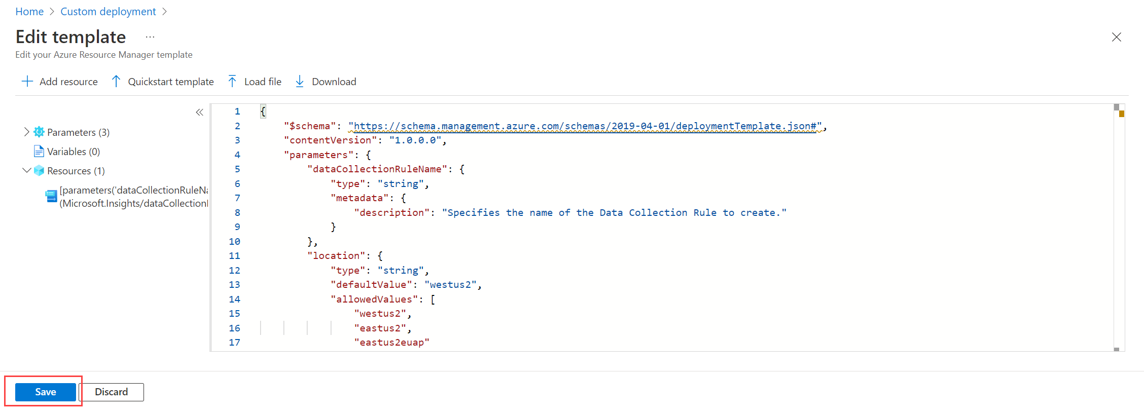 该屏幕截图显示如何编辑 ARM 模板。