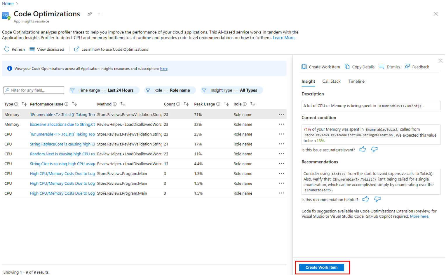 代码优化详细信息窗格和选择“创建工作项”按钮的屏幕截图。