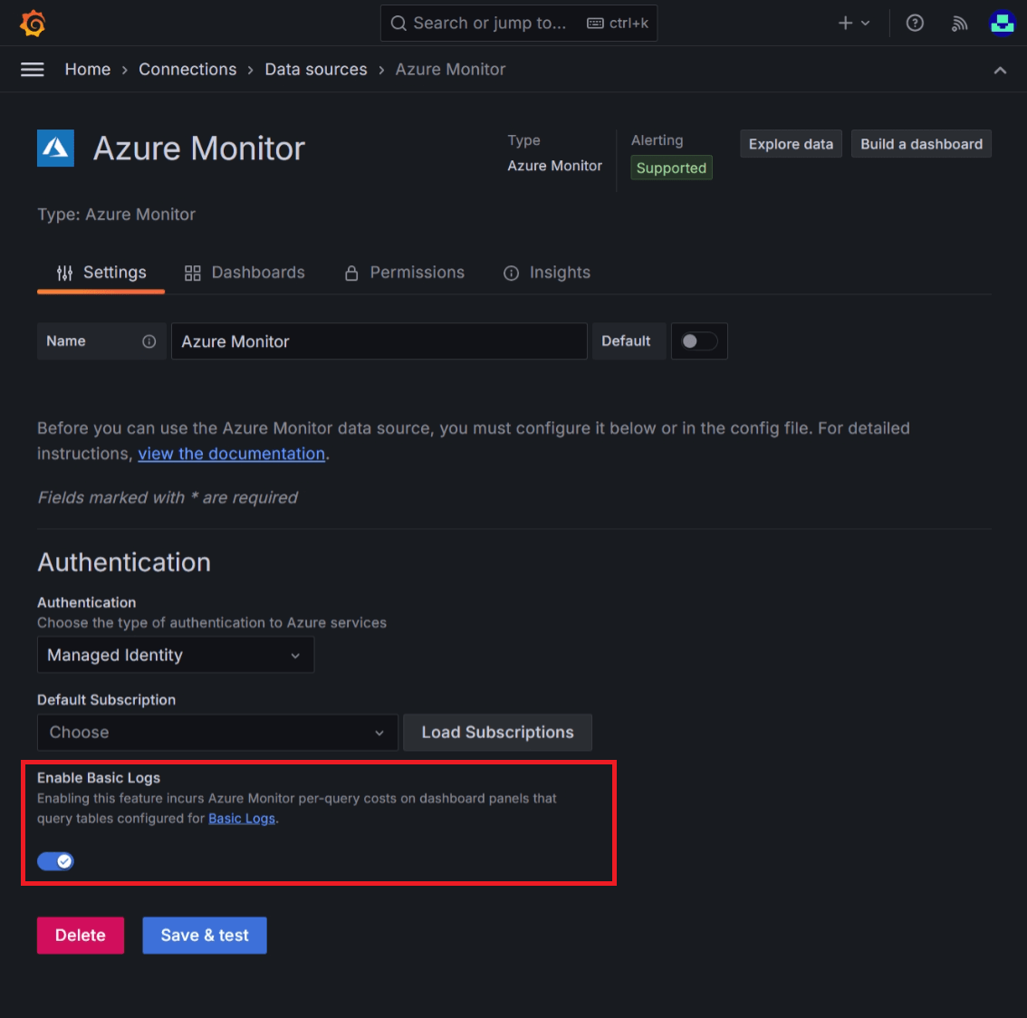 显示打开基本日志的开关的屏幕截图。