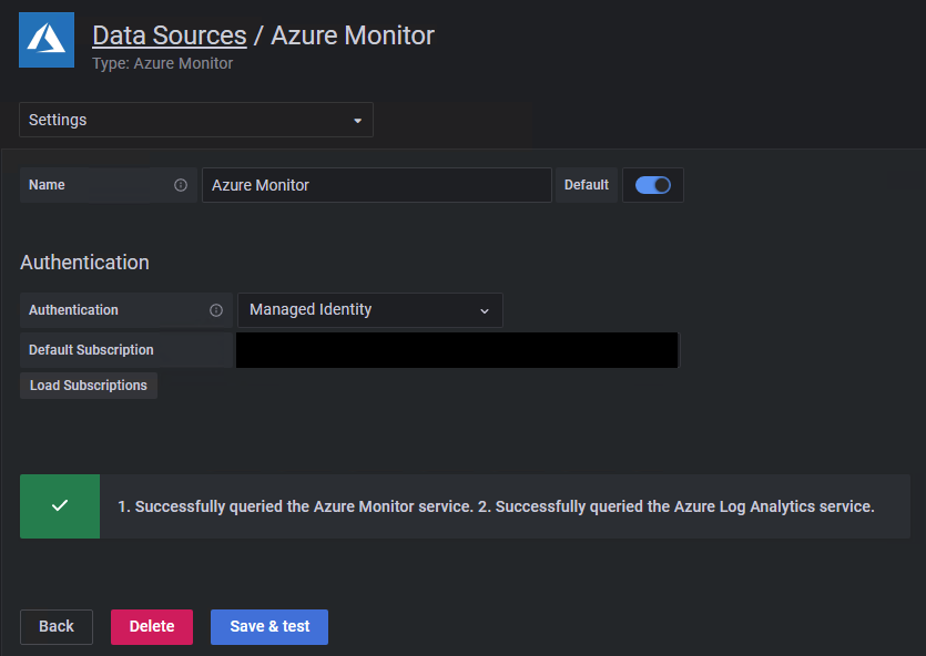 显示具有配置批准的托管标识的 Azure Monitor 数据源的屏幕截图。