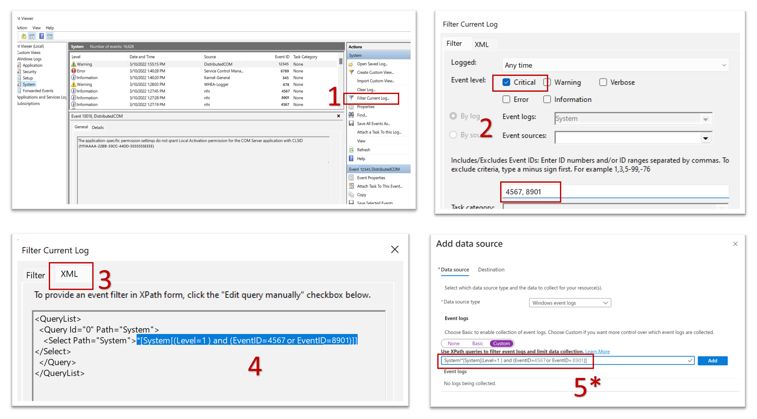 显示在 Windows 事件查看器中创建 XPath 查询的步骤的屏幕截图。