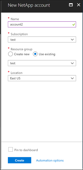 显示“新建 NetApp 帐户”的屏幕截图。