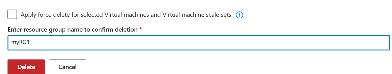 显示确认删除资源组的屏幕截图。