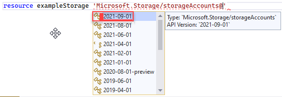 选择资源类型的 API 版本的屏幕截图。