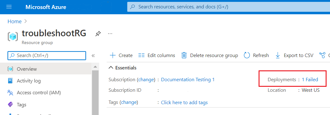 Azure 门户的部署历史记录部分的屏幕截图，显示一个 Bicep 文件部署失败。