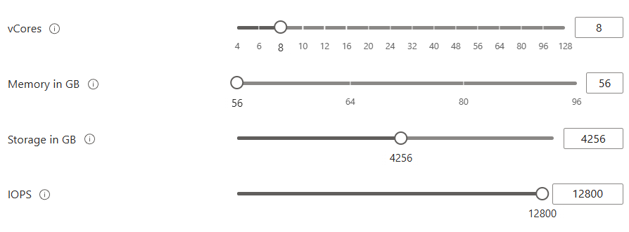 在 Azure 门户中独立缩放 SQL 托管实例资源的屏幕截图。
