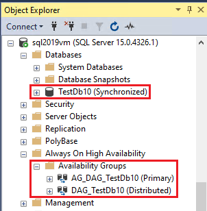显示 SSMS 中 SQL Server 数据库和分布式可用性组的状态的屏幕截图。