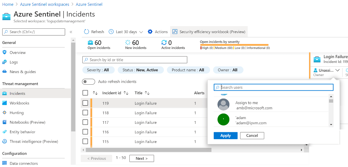 Microsoft Sentinel“事件”页的屏幕截图,其中显示了已选择事件以及分配事件进行解决的选项。