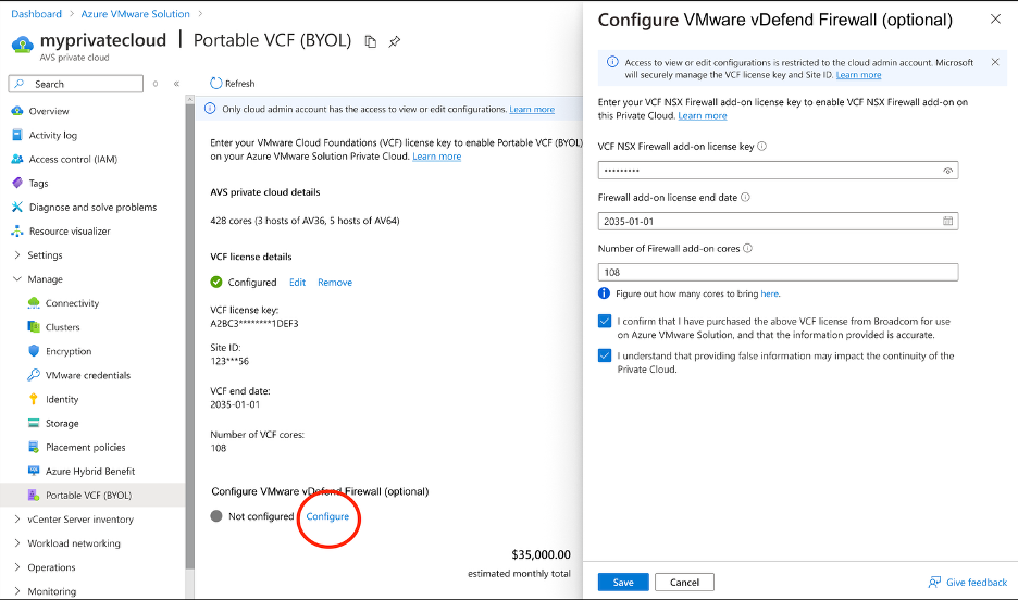 如何在 Azure VMware 解决方案私有云上注册 VCF 防火墙许可证的屏幕截图。