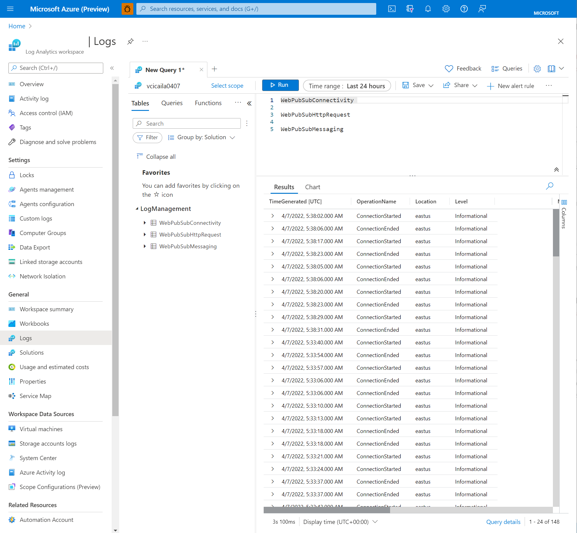 屏幕截图显示了 Log Analytics 中的查询日志。