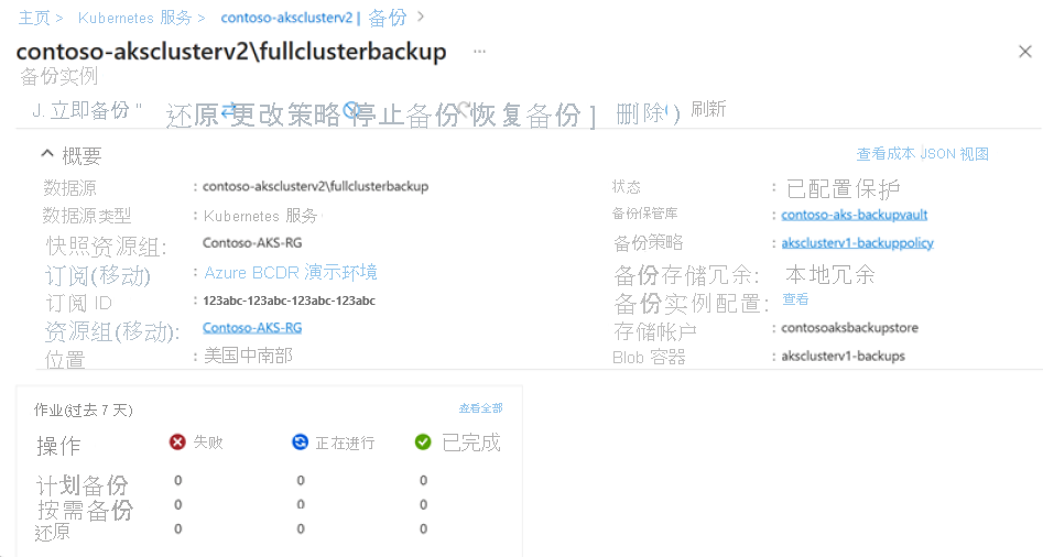 屏幕截图显示为 AKS 群集配置的备份。