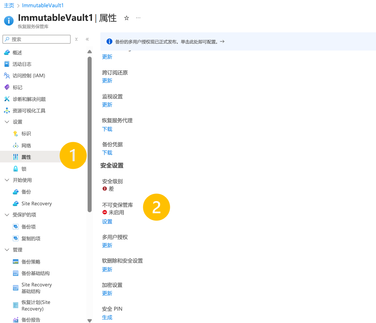 屏幕截图显示如何打开不可变保管库设置。