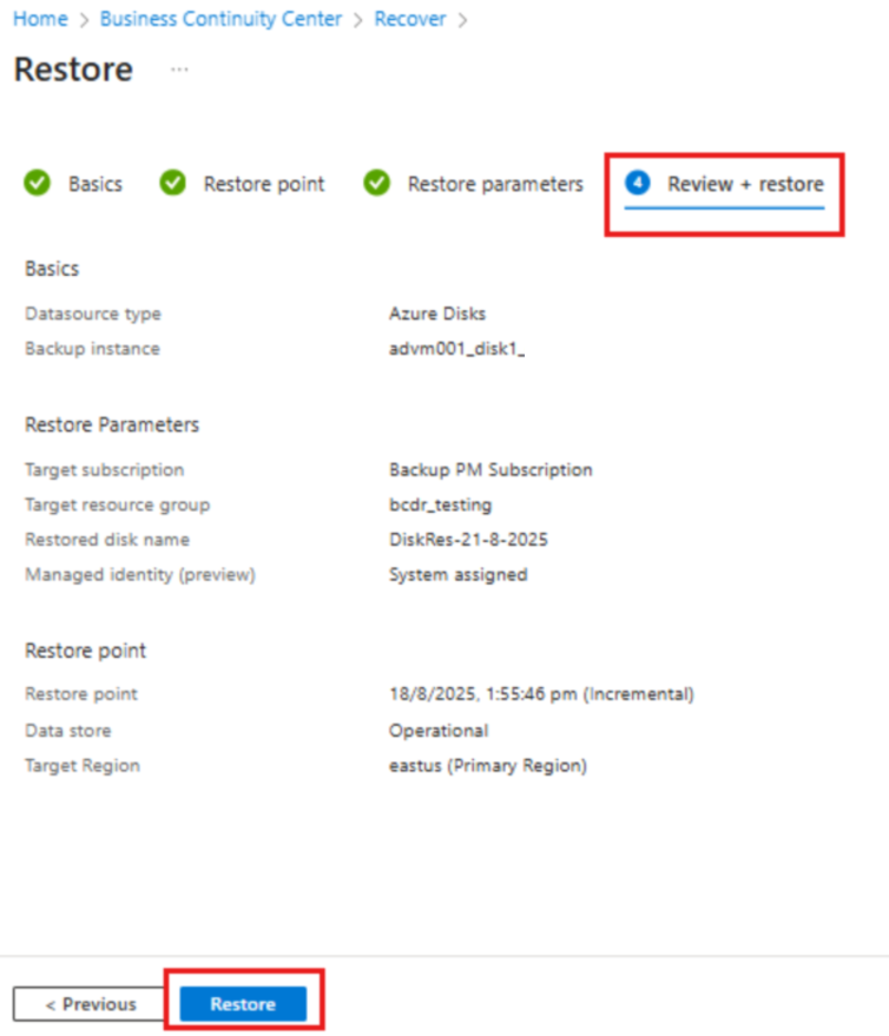屏幕截图显示了如何启动 Azure 磁盘还原操作。