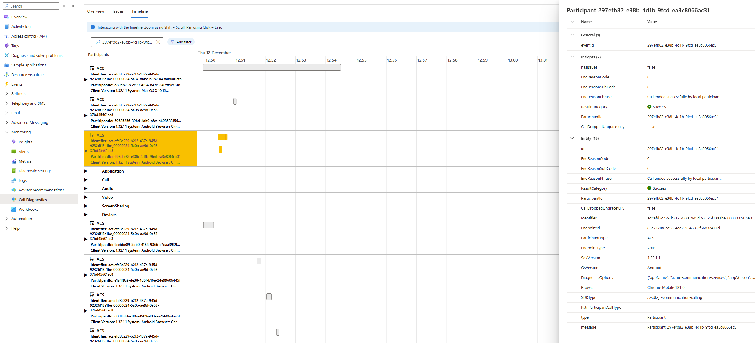 通话诊断“时间线”部分的屏幕截图,其中显示了在浏览参与者侧窗格详细信息时的 DiagnosticOptions 值。