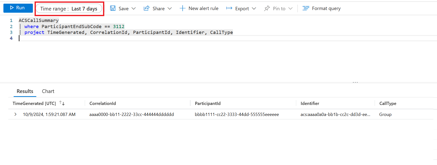 子代码为 3112 的通话的日志查询结果的屏幕截图。
