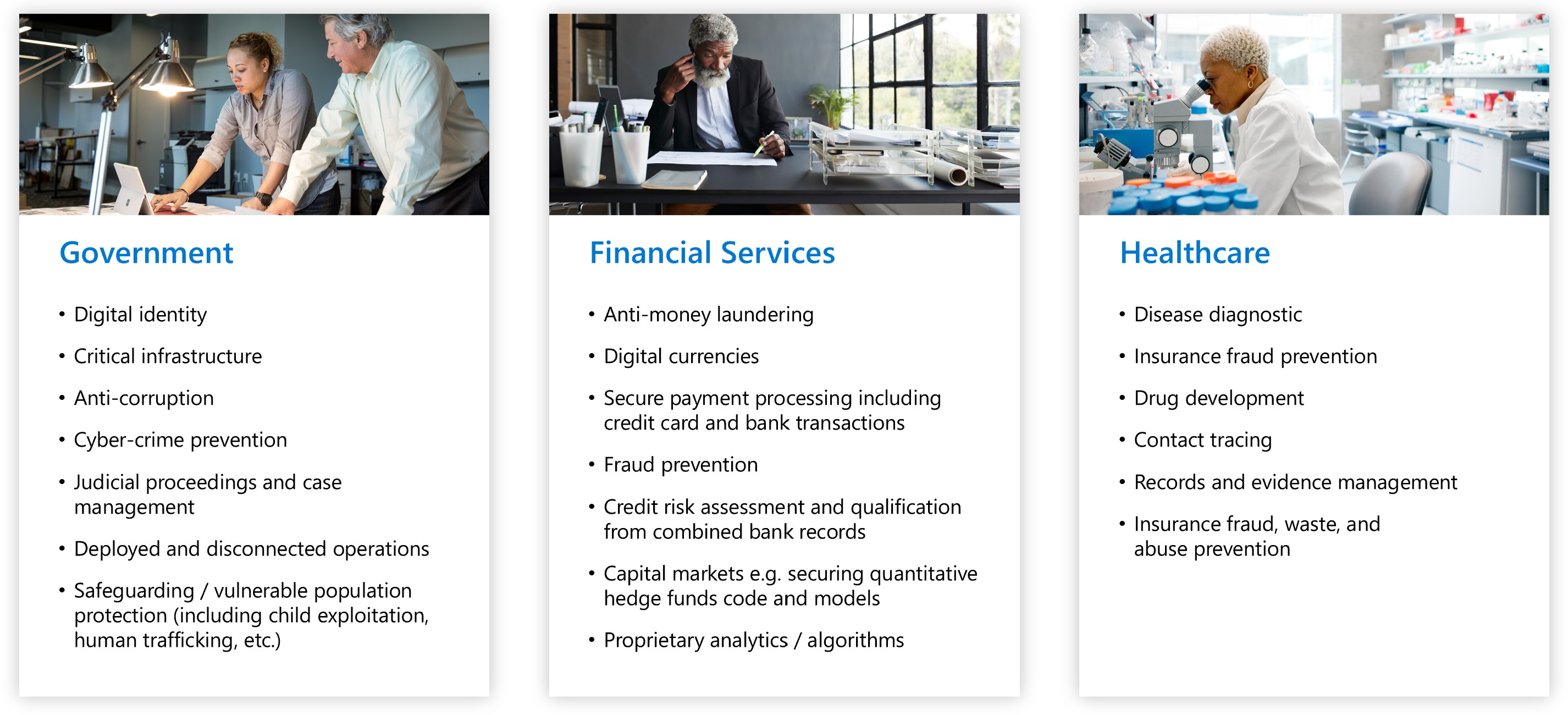 显示 Azure 机密计算（包括政府、金融服务和医疗保健方案）的用例的屏幕截图。