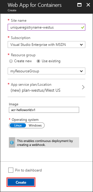 屏幕截图显示了用于容器的 Web 应用，其中突出显示了“创建”按钮。