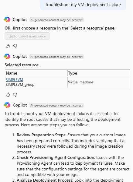Azure Copilot 对 VM 部署失败排查请求的响应屏幕截图。