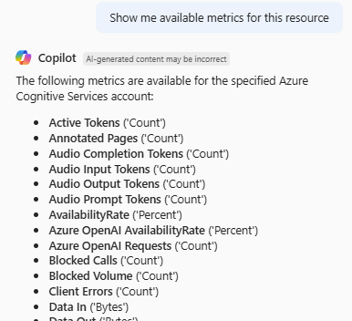Azure Copilot 列表的屏幕截图，其指标可用于资源。