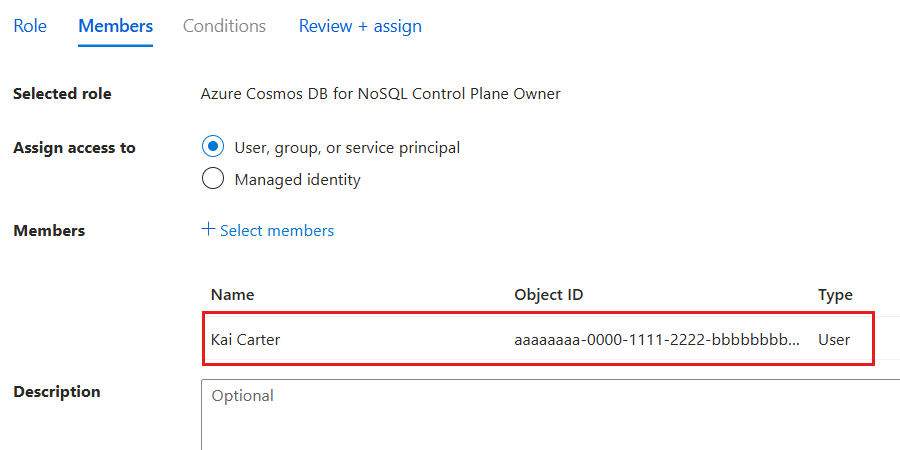 “成员”窗格的屏幕截图，其中选择了用于角色分配的身份。