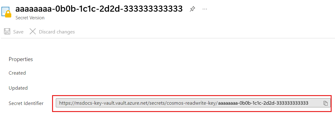 名为 cosmos-readwrite-key 的密钥保管库机密的机密标识符的屏幕截图。