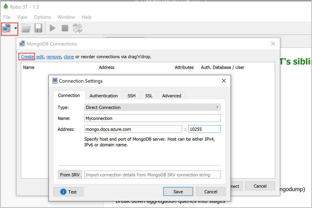 Robomongo 管理连接的屏幕截图