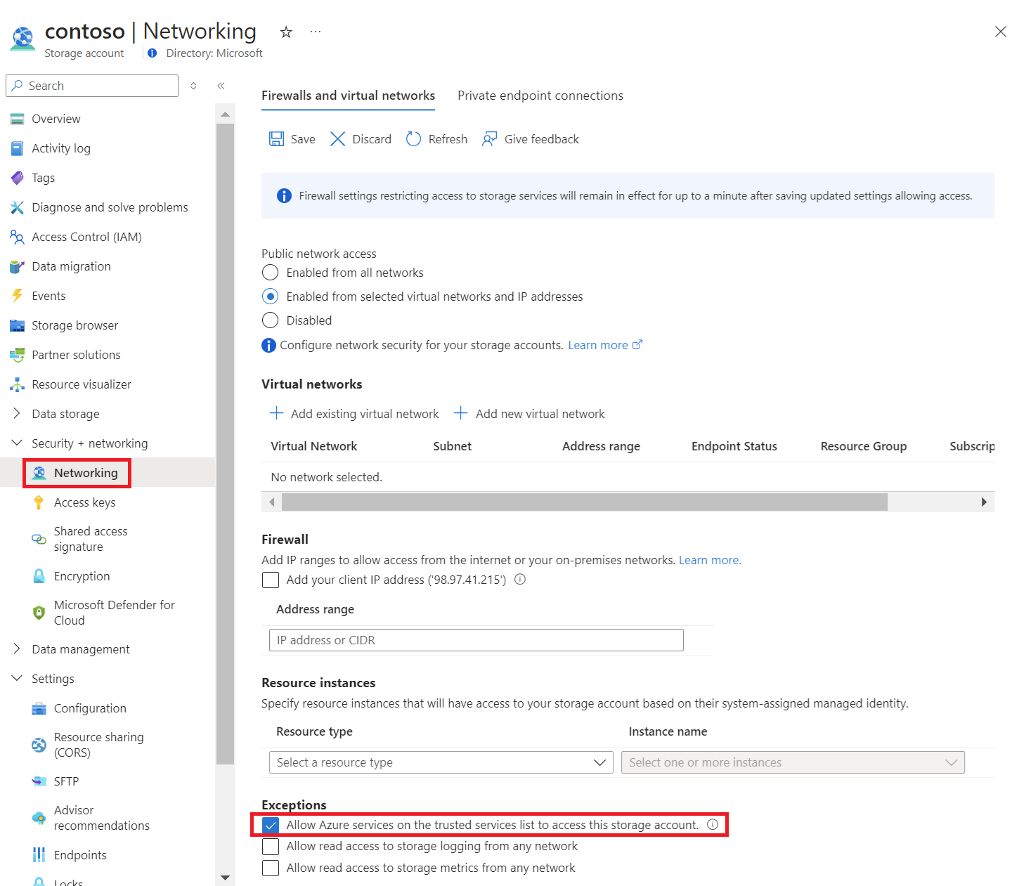 显示“允许受信任服务列表中的 Azure 服务”例外选项的屏幕截图。