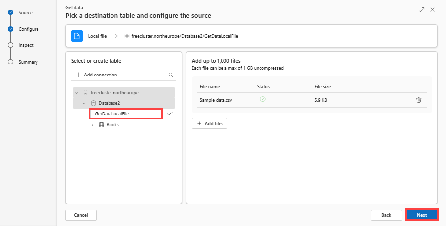 屏幕截图,其中显示了已输入新表并选择了一个示例数据文件的“配置”选项卡。