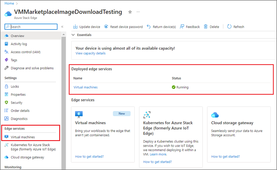 此屏幕截图显示 Azure Stack Edge 设备的“已部署的边缘服务”页面。该页面显示 VM 按预期运行。