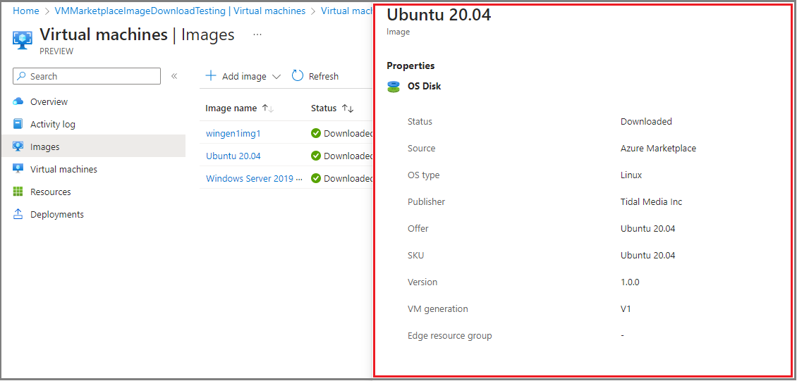 此屏幕截图显示 Azure 门户中 Azure Stack Edge 设备“虚拟机”页面上的 VM 映像属性。