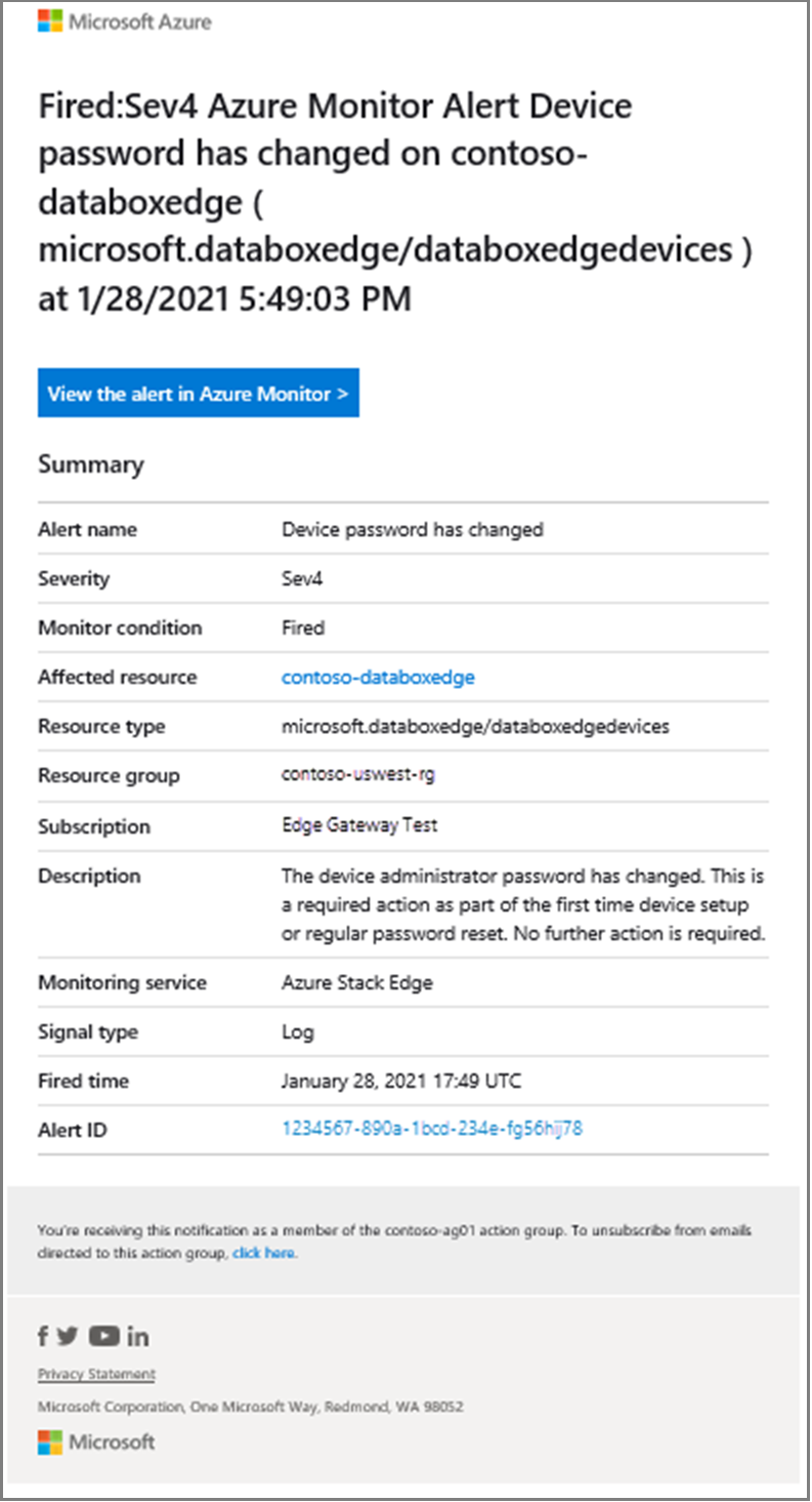 屏幕截图显示 Azure Stack Edge 资源的操作规则的示例电子邮件通知。