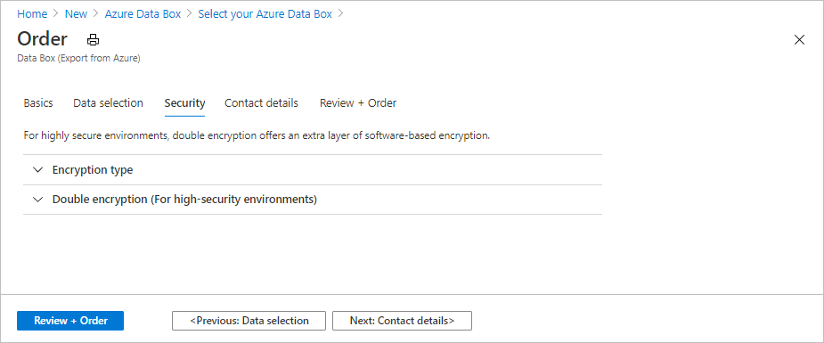 屏幕截图显示了 Data Box 导出订单的“安全性”选项卡上的数据字段。